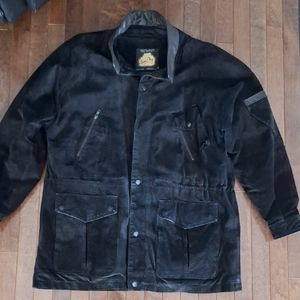Men's Black Genuine Suede Leather Snap-Up Drawstring Waist Jacket Coat Size Med